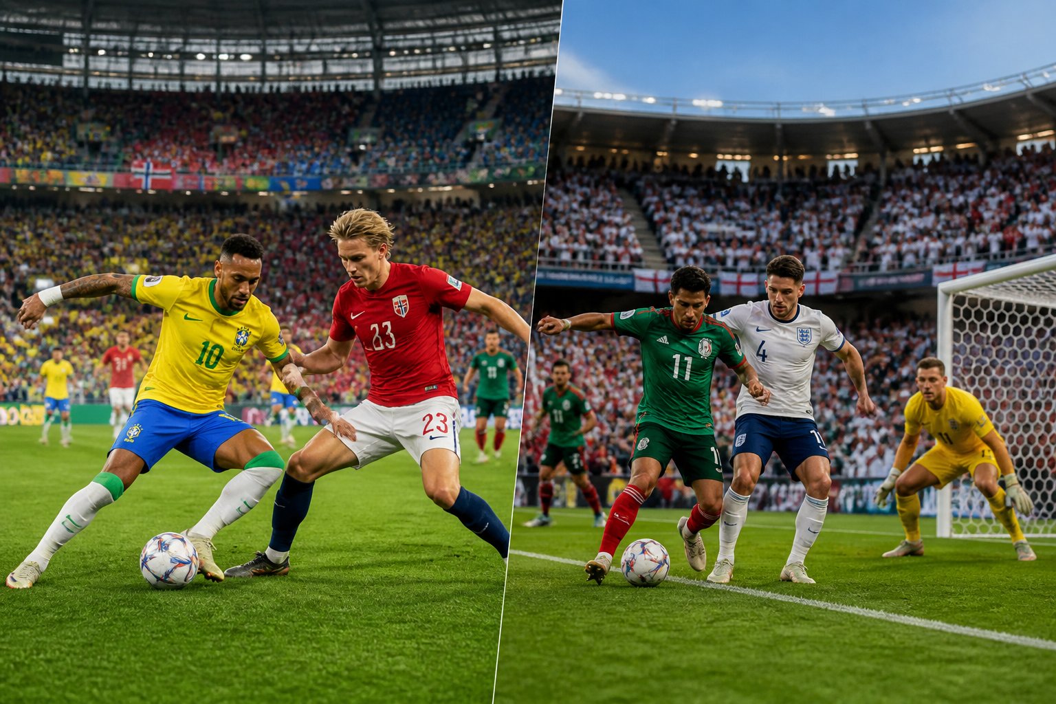Jugadores de fútbol de Brasil contra Noruega y México contra Inglaterra en un partido intenso en un estadio lleno de aficionados.
