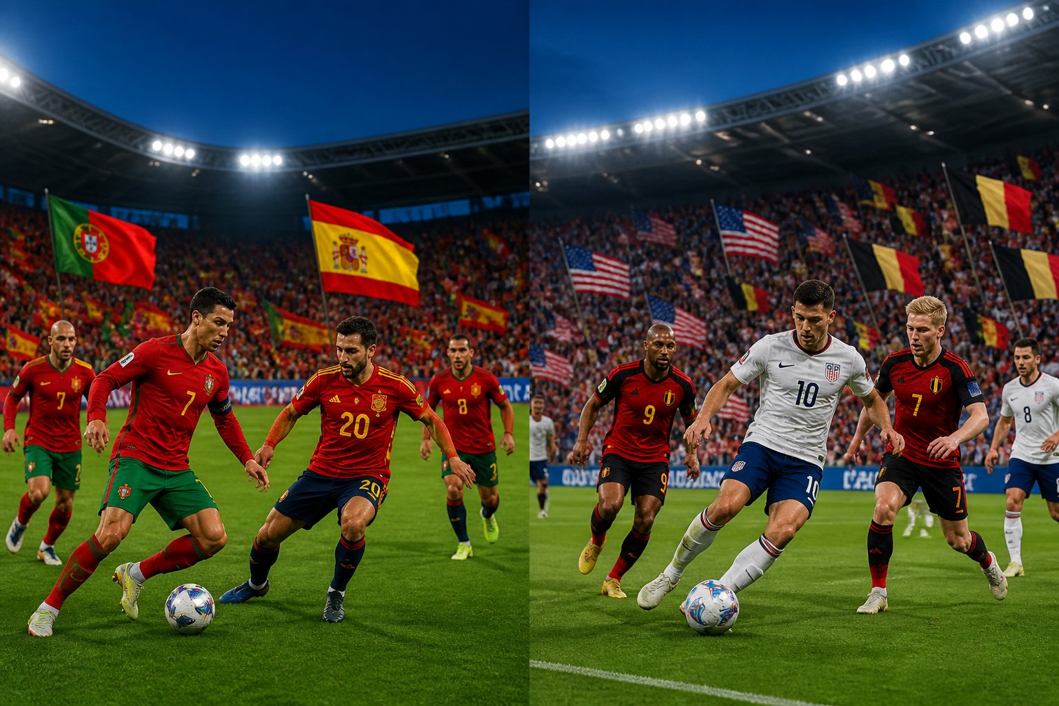 Partidos de fútbol entre Portugal y España, y Estados Unidos y Bélgica en un estadio lleno de aficionados animando.