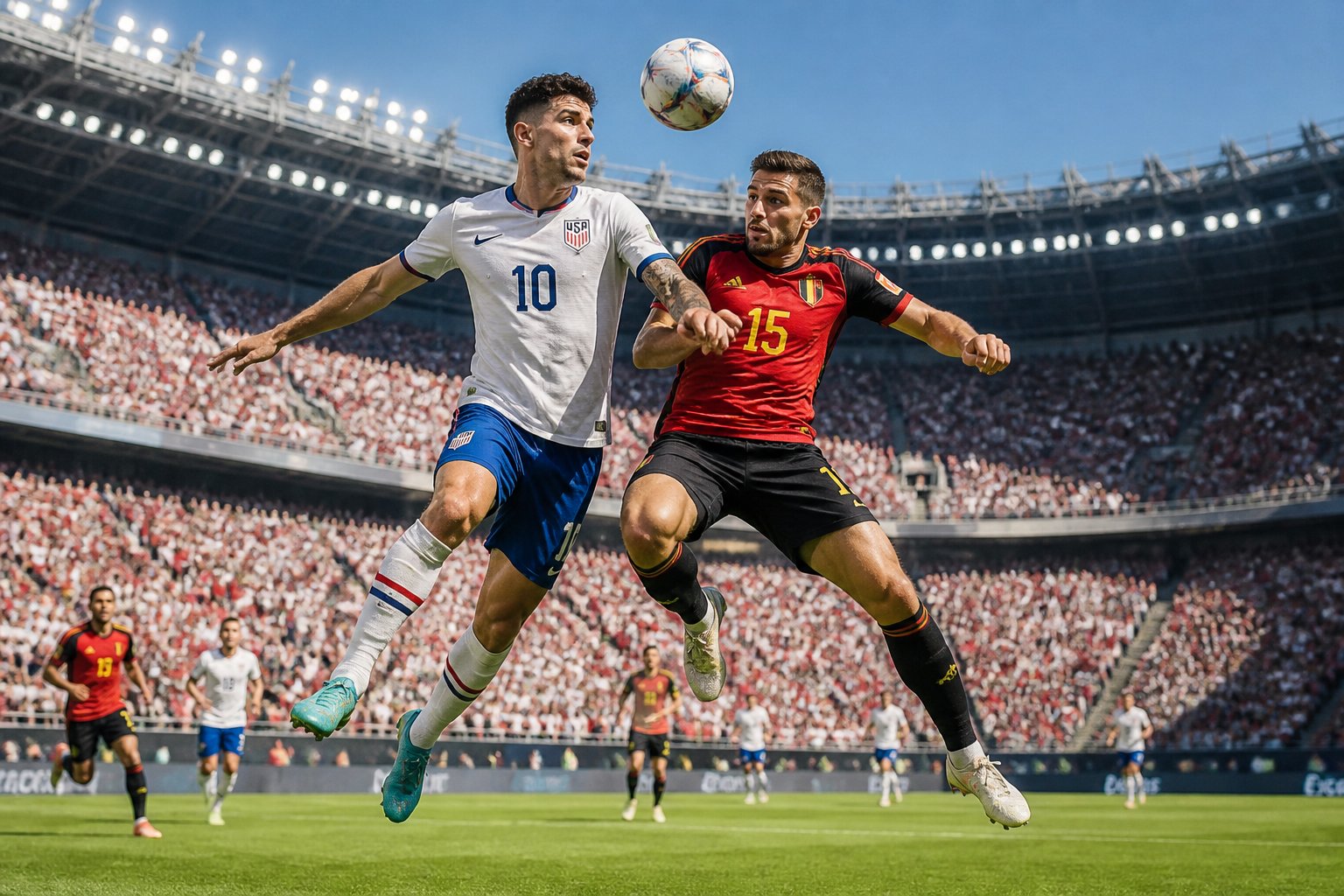 Jugadores de fútbol de Estados Unidos y Bélgica compitiendo por el balón en un estadio lleno de espectadores durante un partido importante.