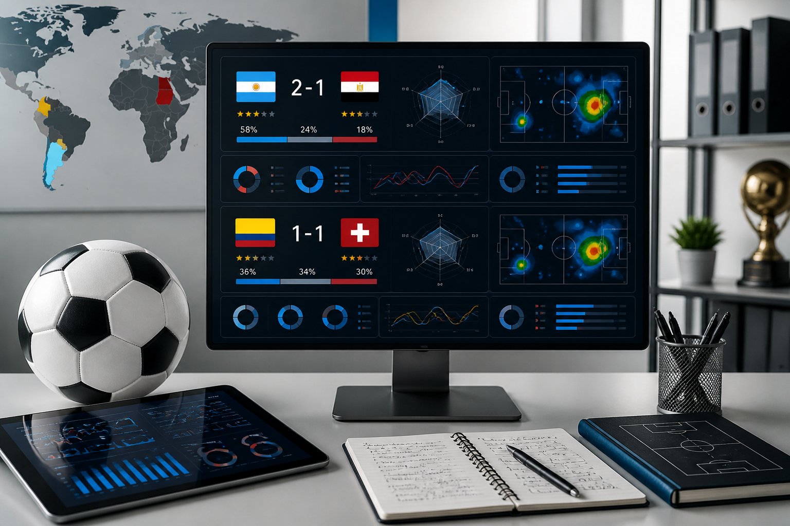 Espacio de trabajo moderno con computadora mostrando estadísticas y pronósticos de partidos de fútbol entre Argentina y Egipto, y Colombia y Suiza, con elementos deportivos alrededor.