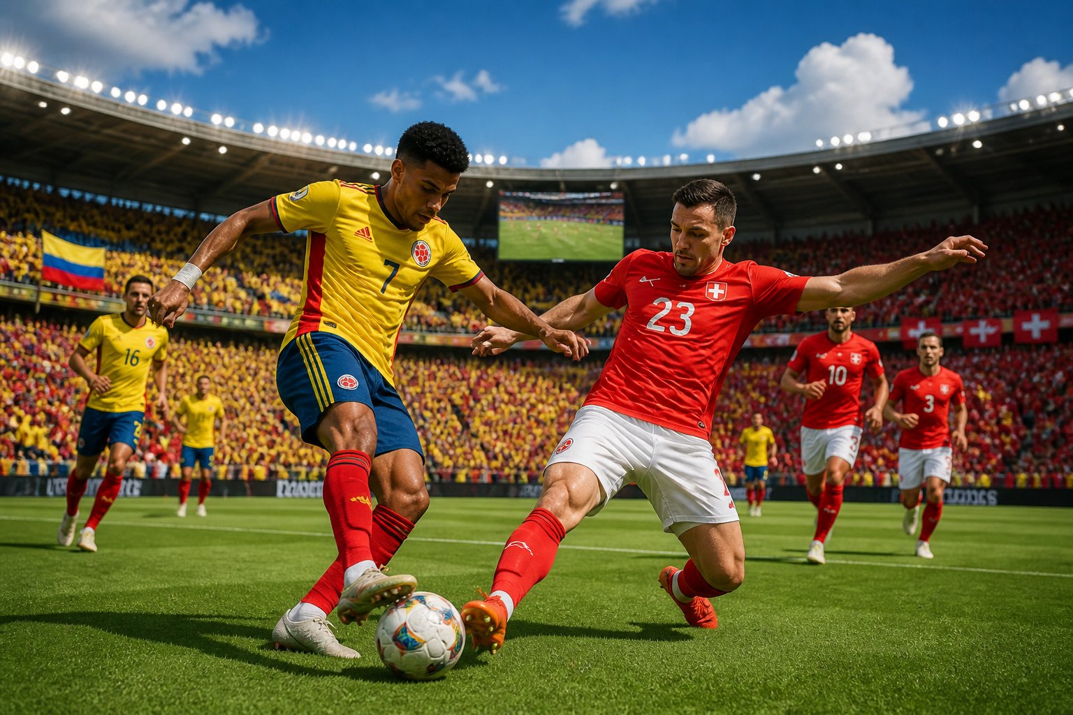 Partido de fútbol entre Colombia y Suiza con jugadores en acción en un estadio lleno de aficionados.