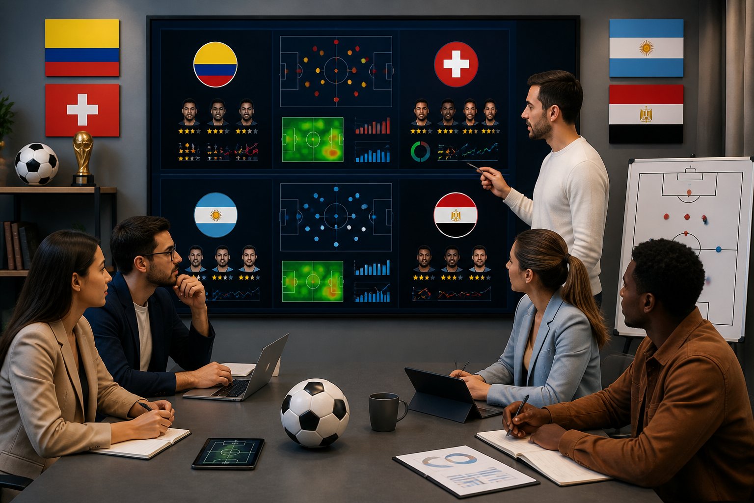 Analistas deportivos discutiendo estadísticas de partidos de fútbol entre Colombia y Suiza, y Argentina y Egipto en un estudio moderno.
