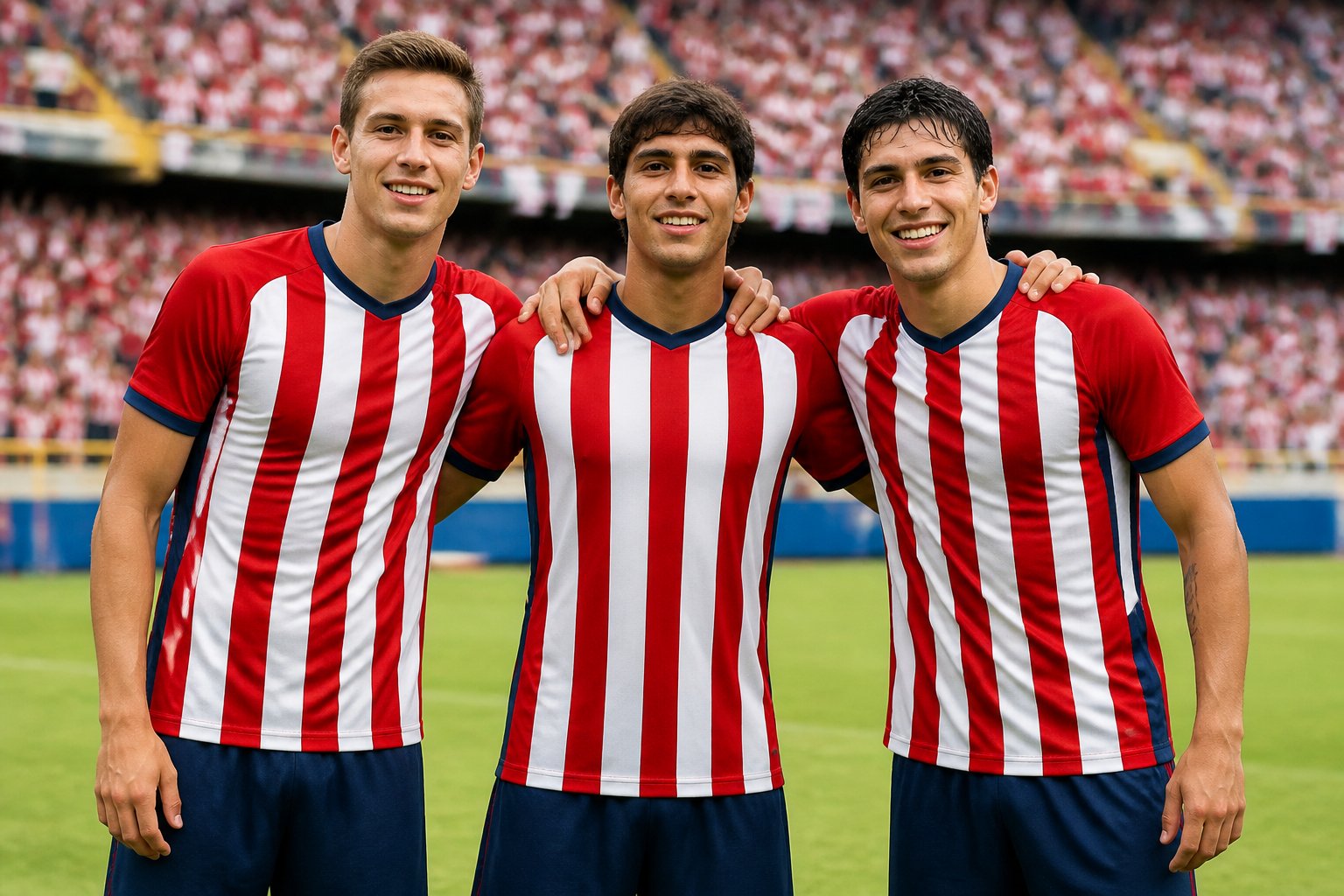 Tres jóvenes futbolistas en uniforme de Barranquilla posando juntos en un campo de fútbol.
