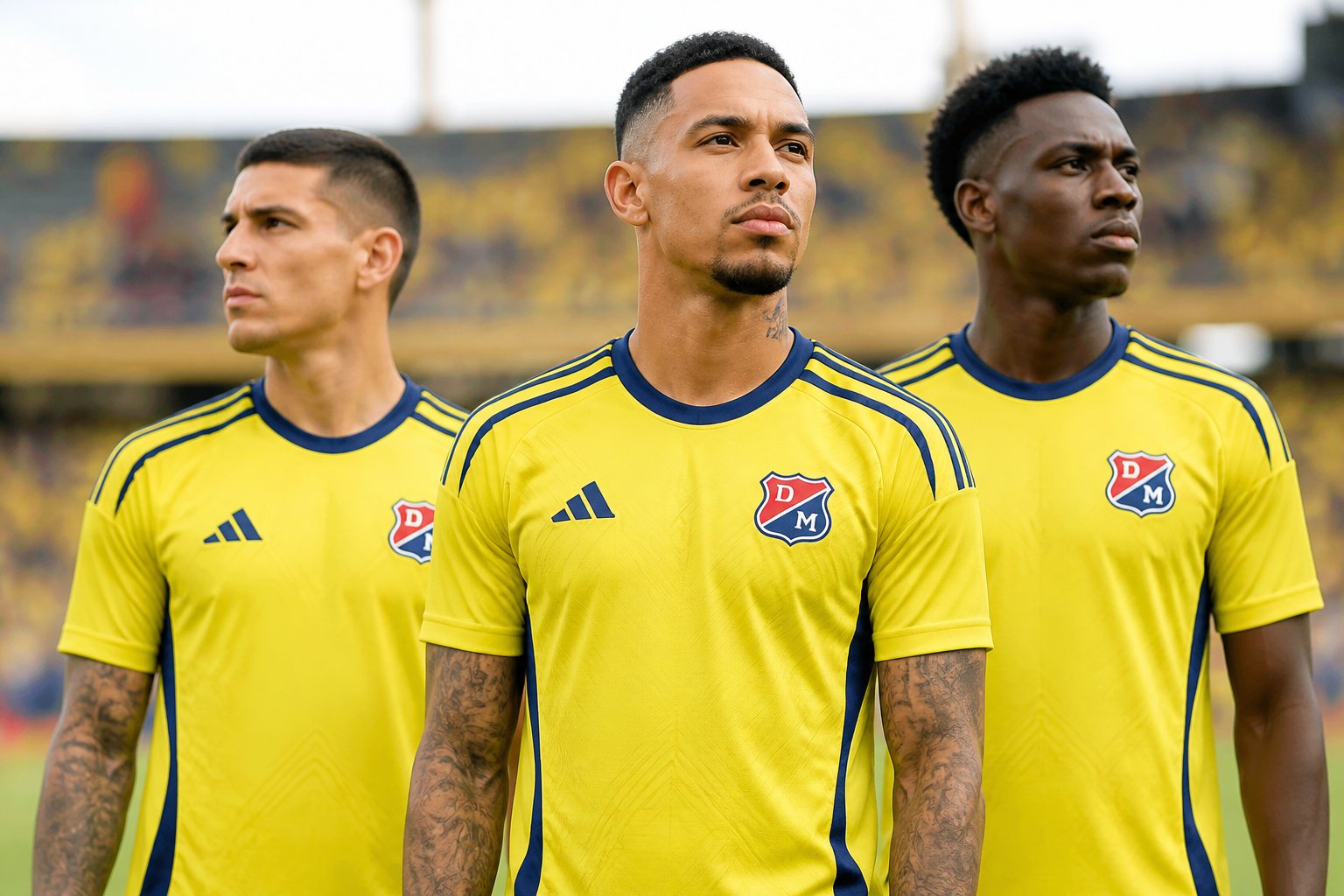 Tres jugadores jóvenes de fútbol en un campo, con uniformes oficiales, posando con expresión decidida.