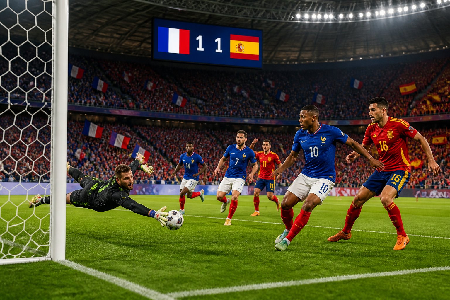 Partido de fútbol entre Francia y España en un estadio con jugadores en acción y público animando.