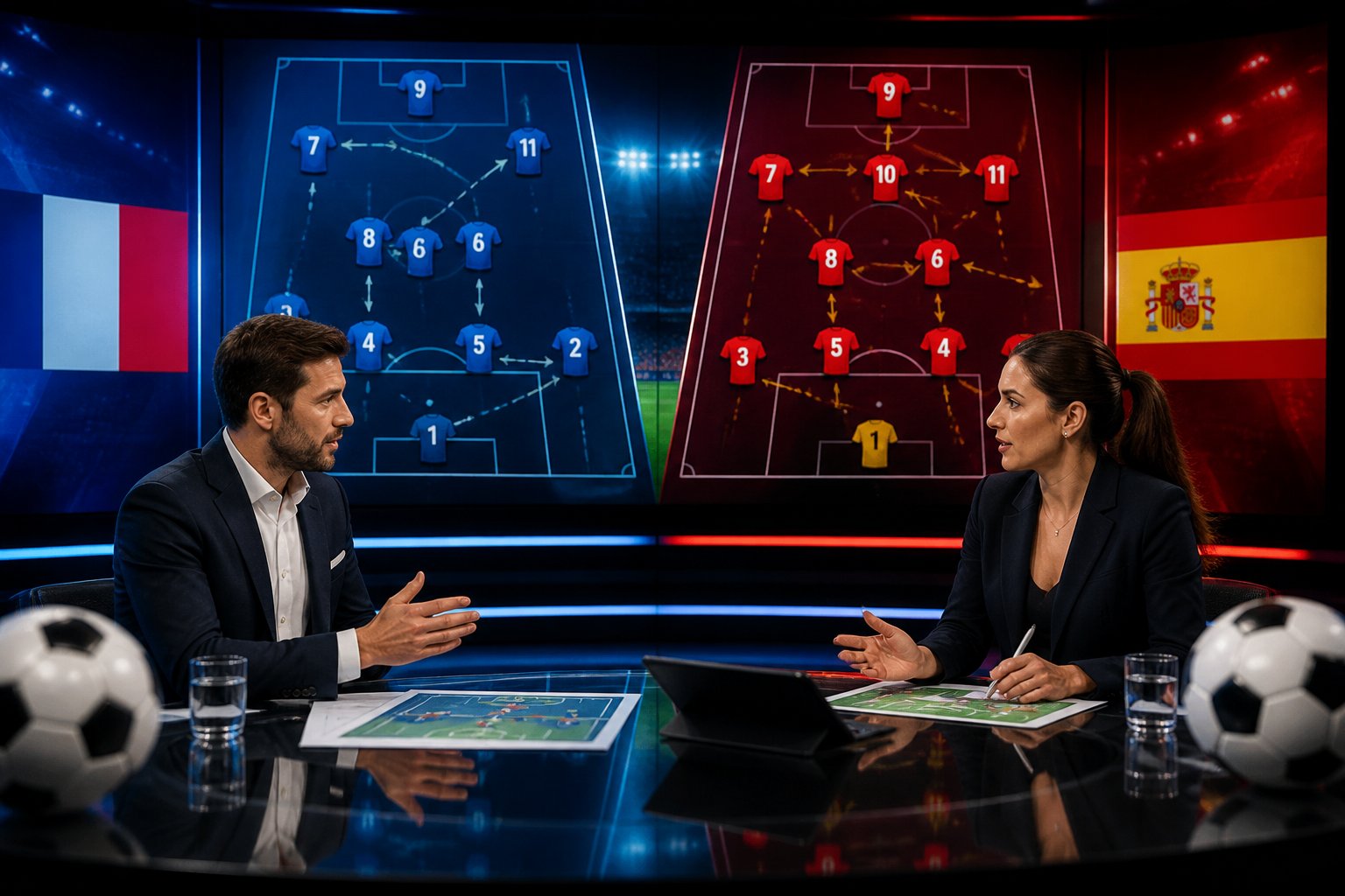 Dos analistas deportivos discuten posibles alineaciones y bajas para la semifinal de fútbol entre Francia y España en un estudio con pantallas mostrando formaciones tácticas.
