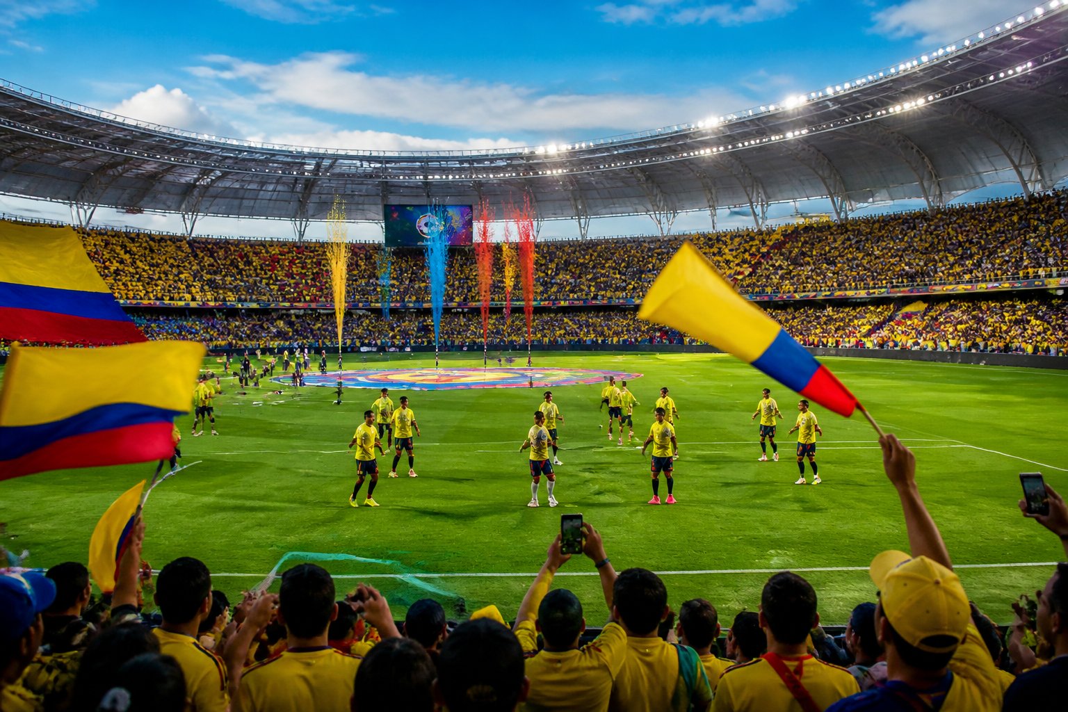 Estadio de fútbol colombiano lleno de aficionados celebrando el inicio de la liga en 2026, con jugadores en el campo y banderas nacionales.