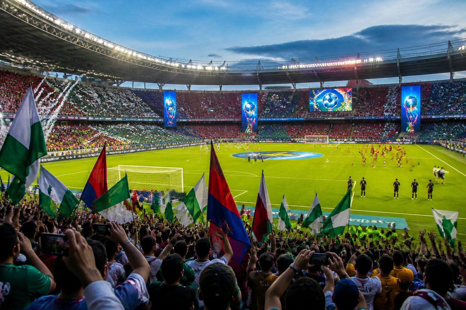 Estadio de fútbol lleno de aficionados animando al inicio de la liga colombiana BetPlay 2026-II, con jugadores en el campo y ambiente festivo.
