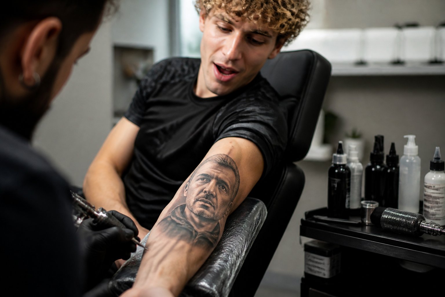 Un futbolista muestra en su brazo un tatuaje con el retrato de un entrenador de fútbol.