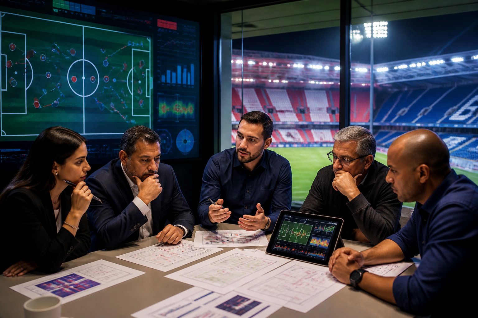 Analistas de fútbol revisan una derrota en una sala táctica junto a un estadio vacío.
